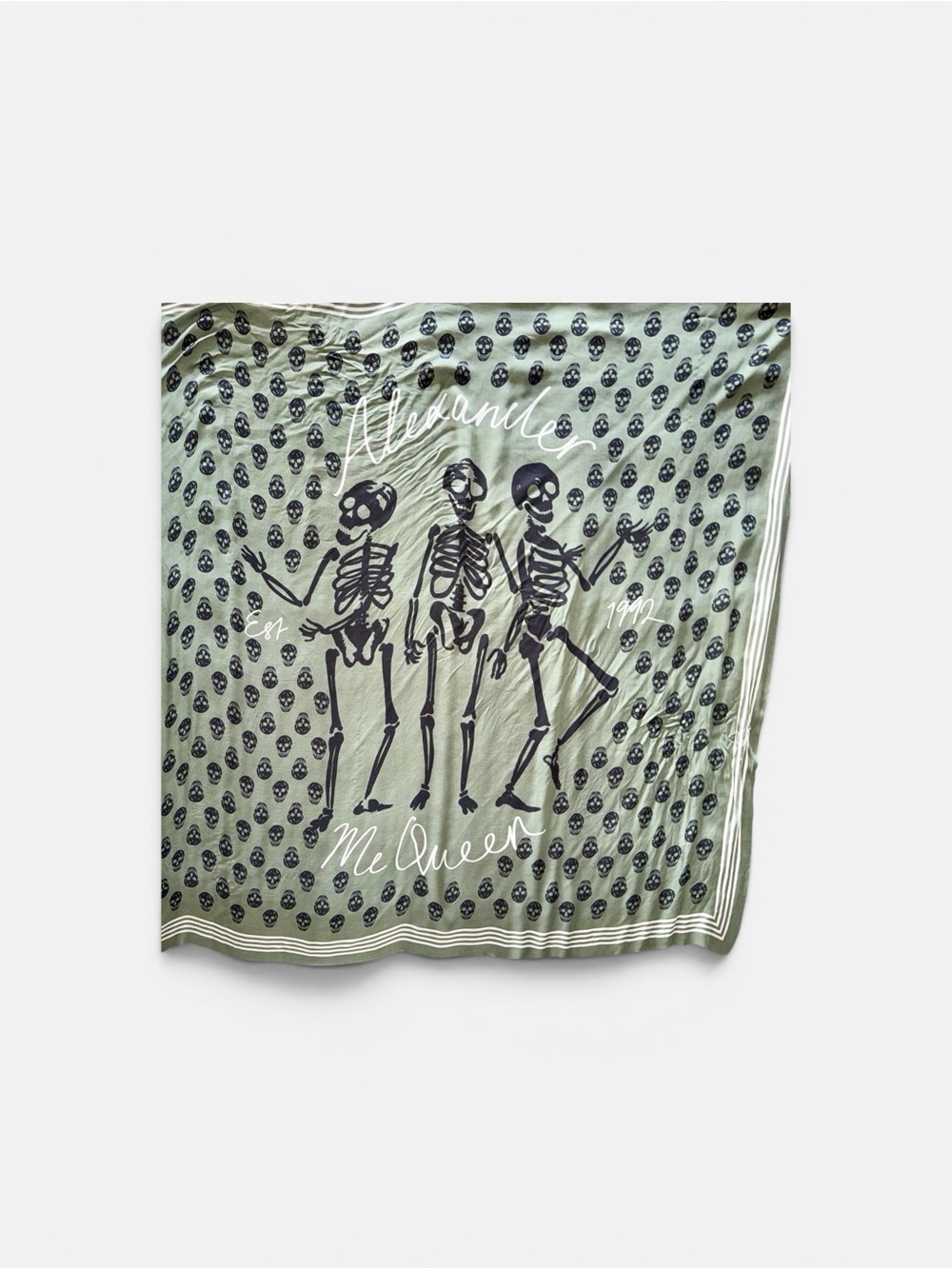Alexander McQueen Skeleton Print Silk Scarf in Olive Green